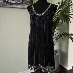 NWT Black with Silver Sequins Beaded 100 Silk Sleeveless Dress size 2